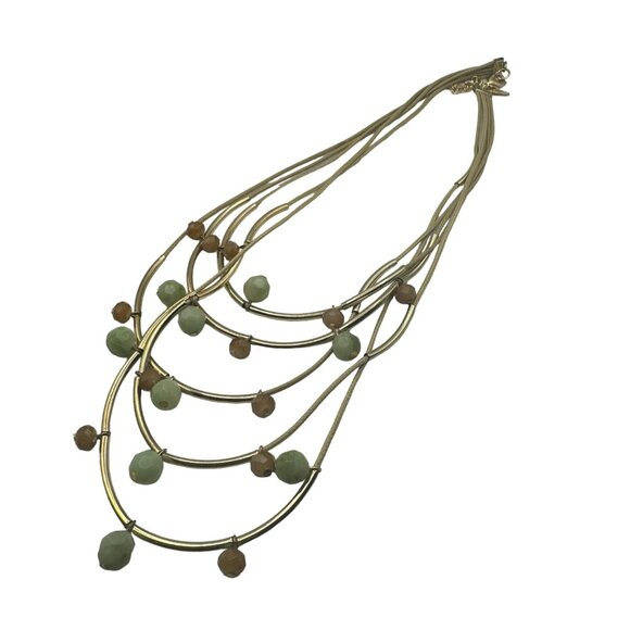 Multi-Strand Gold Necklace With Green & Brown Beads Adjustable Length - Picture 4 of 5